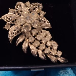 Silver tone Czech crystal broach pin, 6.8 cm x 4.2